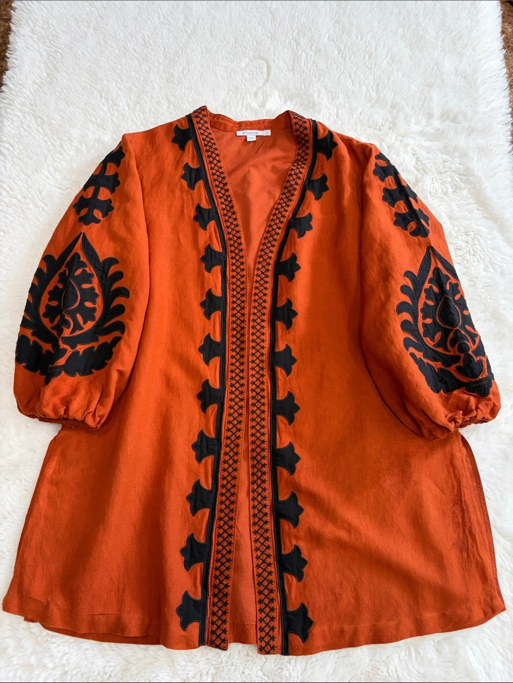 Chico's Burnt Orange Open Embroidered Cardigan with Black Motifs,Size L